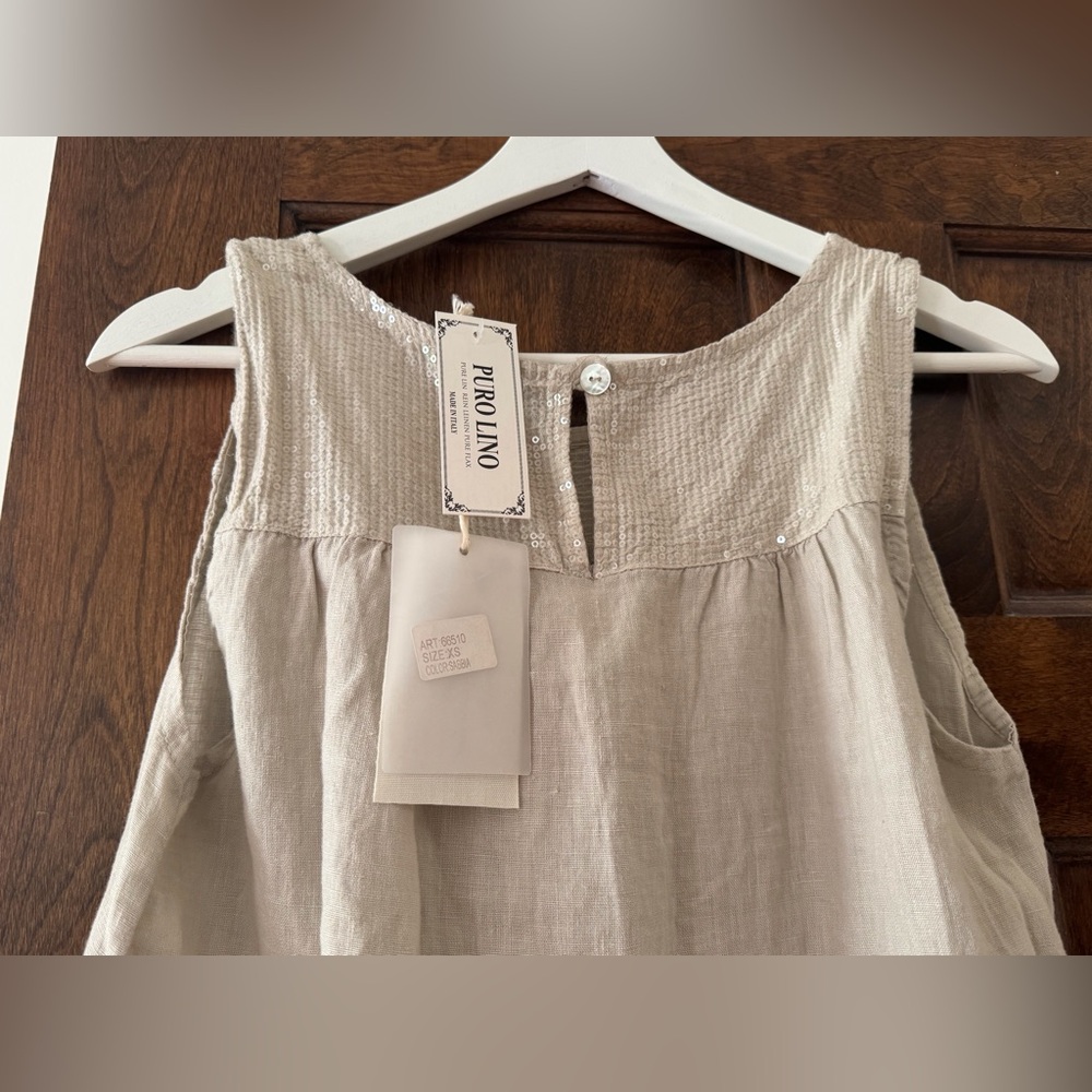 Linen sheath dress, Italian made, light sequins on collar and hem,